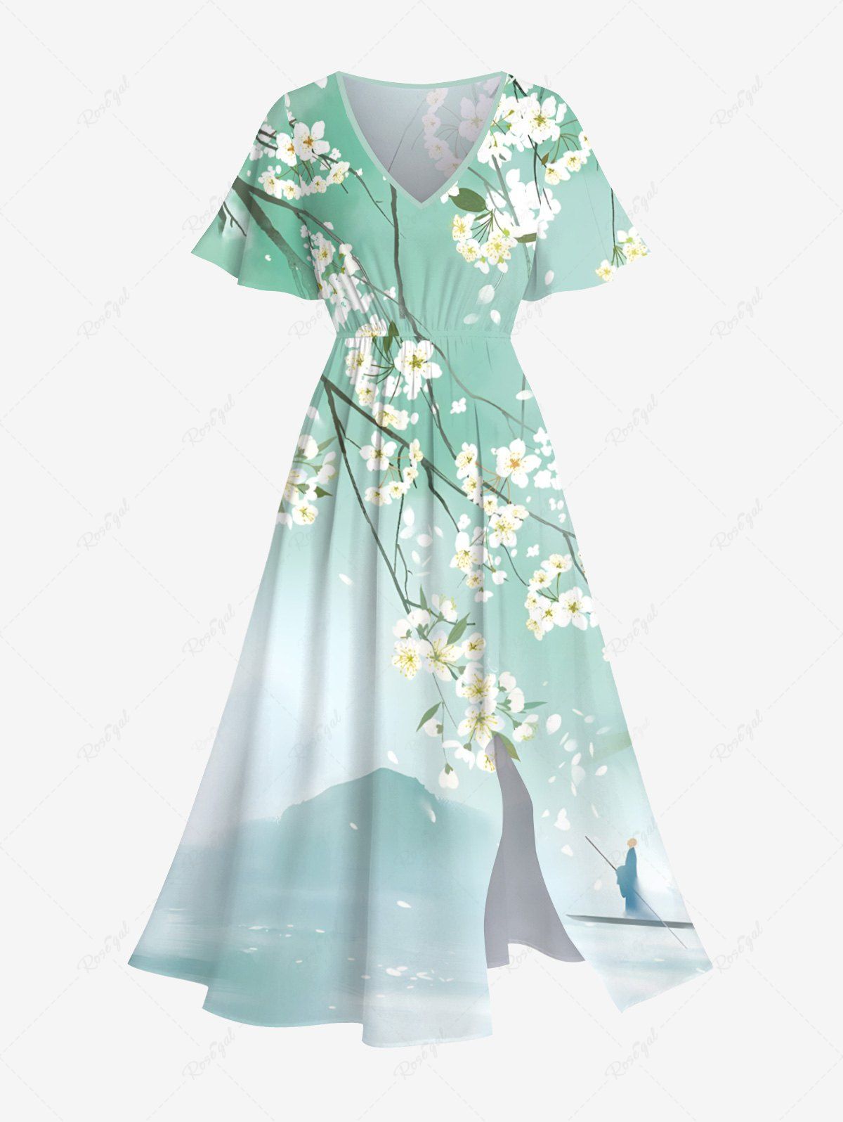 Chic Plus Size Flower Sea Mountain Boat Print Chinese Style Split Hawaii Midi Dress  