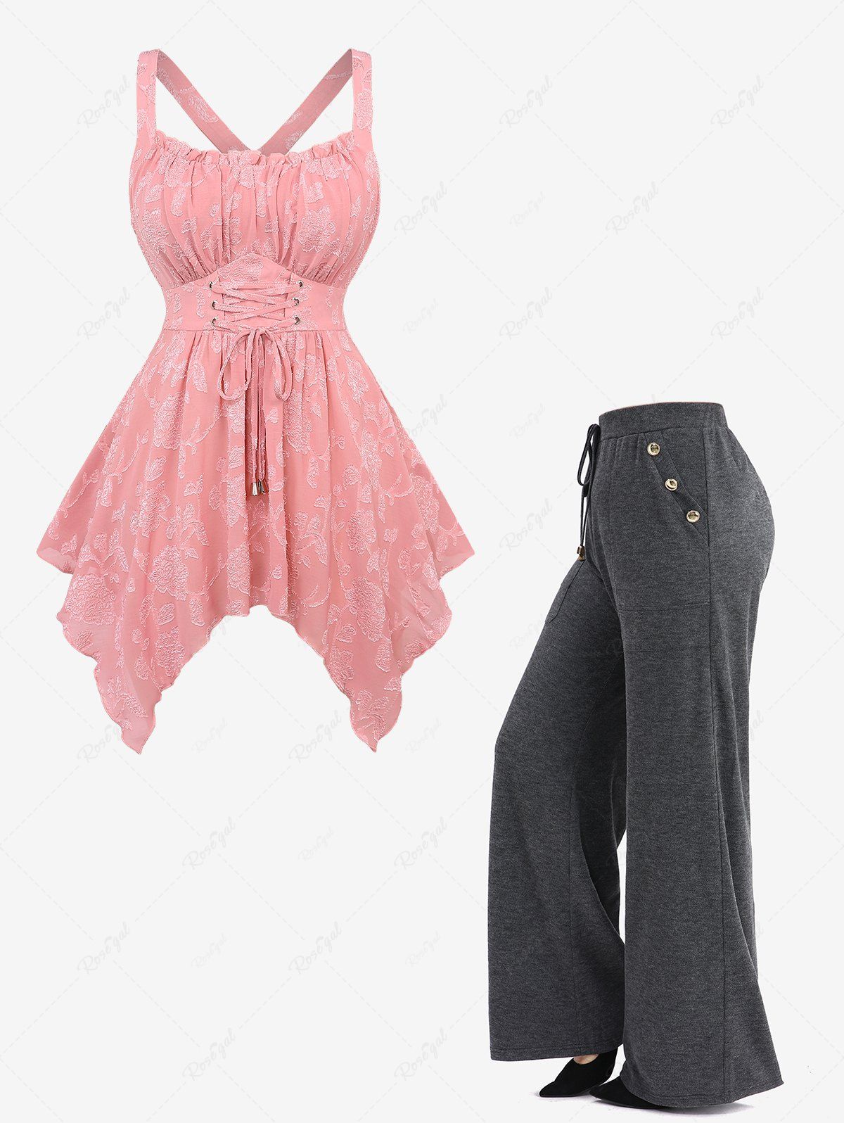 Cheap Lace Up Ruffles Jacquard Crisscross Asymmetrical Top and Mock Button Pocket Marled Wide Leg Pants Plus Size Outfit  