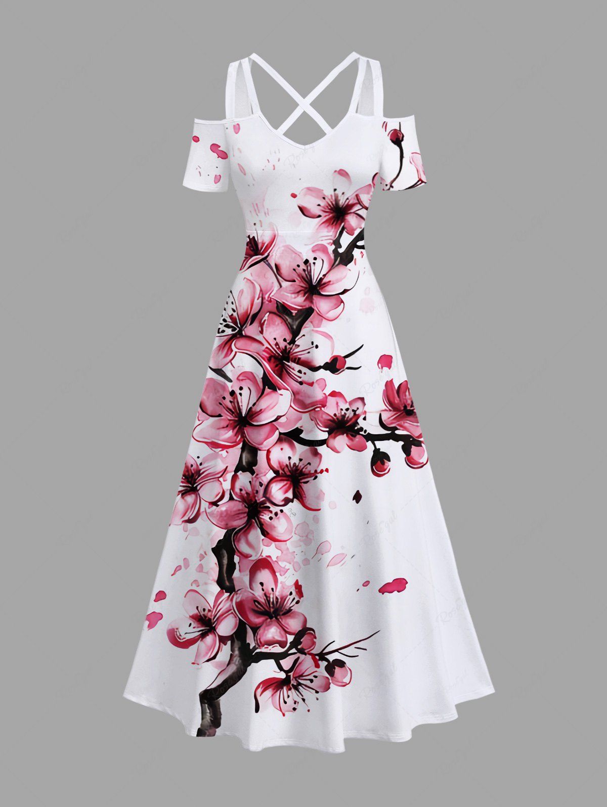 Fancy Plus Size Peach Blossom Flower Branch Print Hawaii Cold Shoulder Crisscross A Line Maxi Dress  