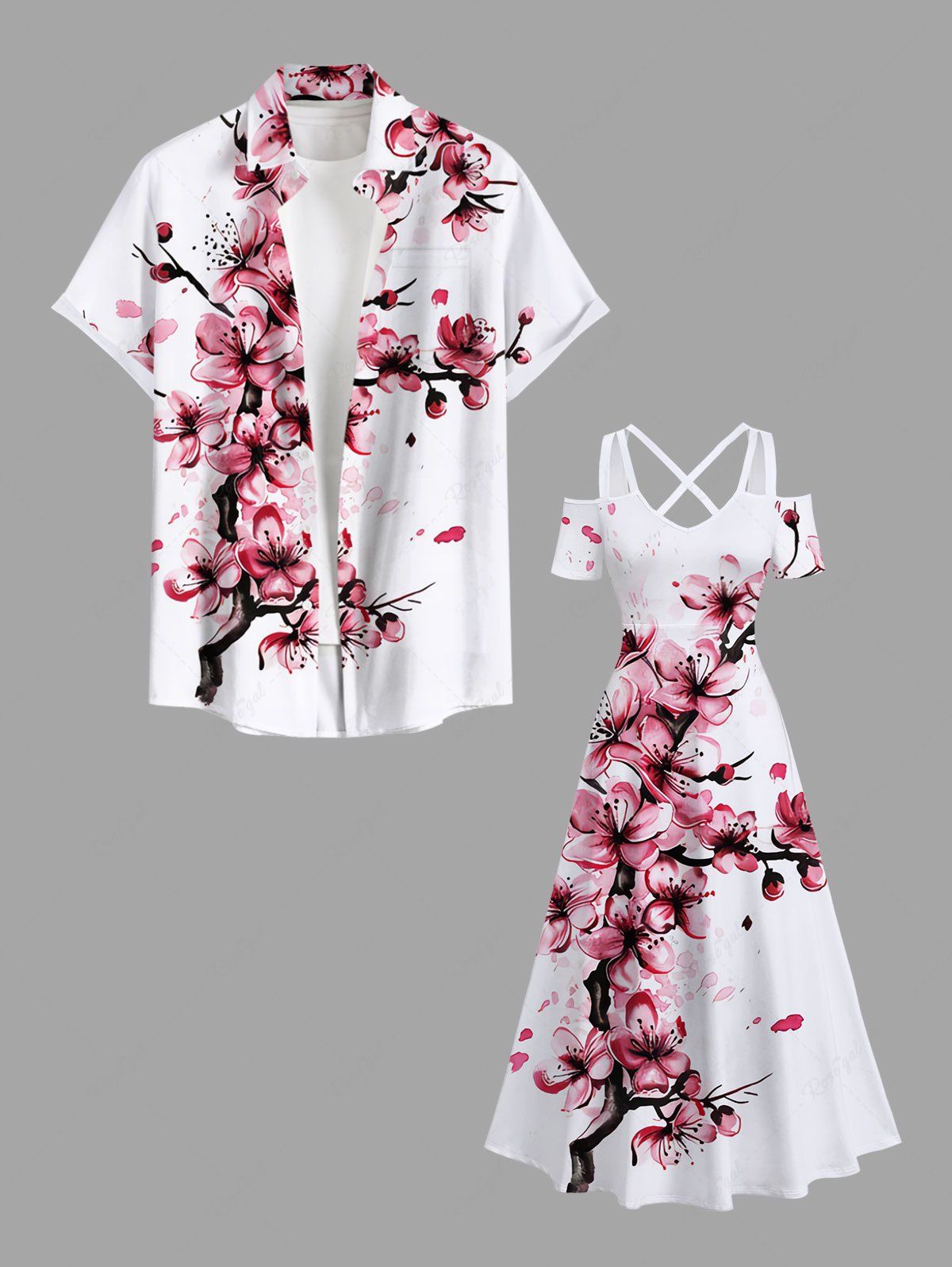 Chic Peach Blossom Flower Branch Print Plus Size Matching Hawaii Beach Outfit For Couples  