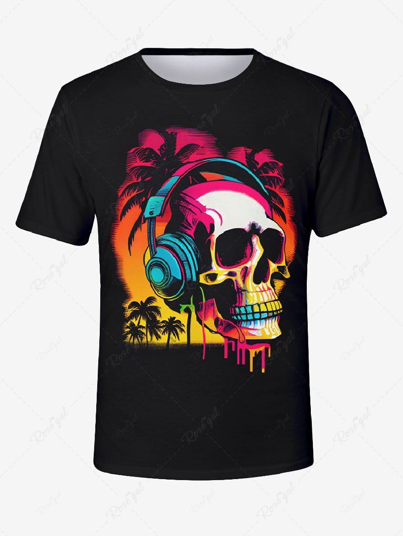 Chic Plus Size Coconut Tree Ombre Dusk Skull Earphone Print Hawaii Music Festival T-shirt For Men  