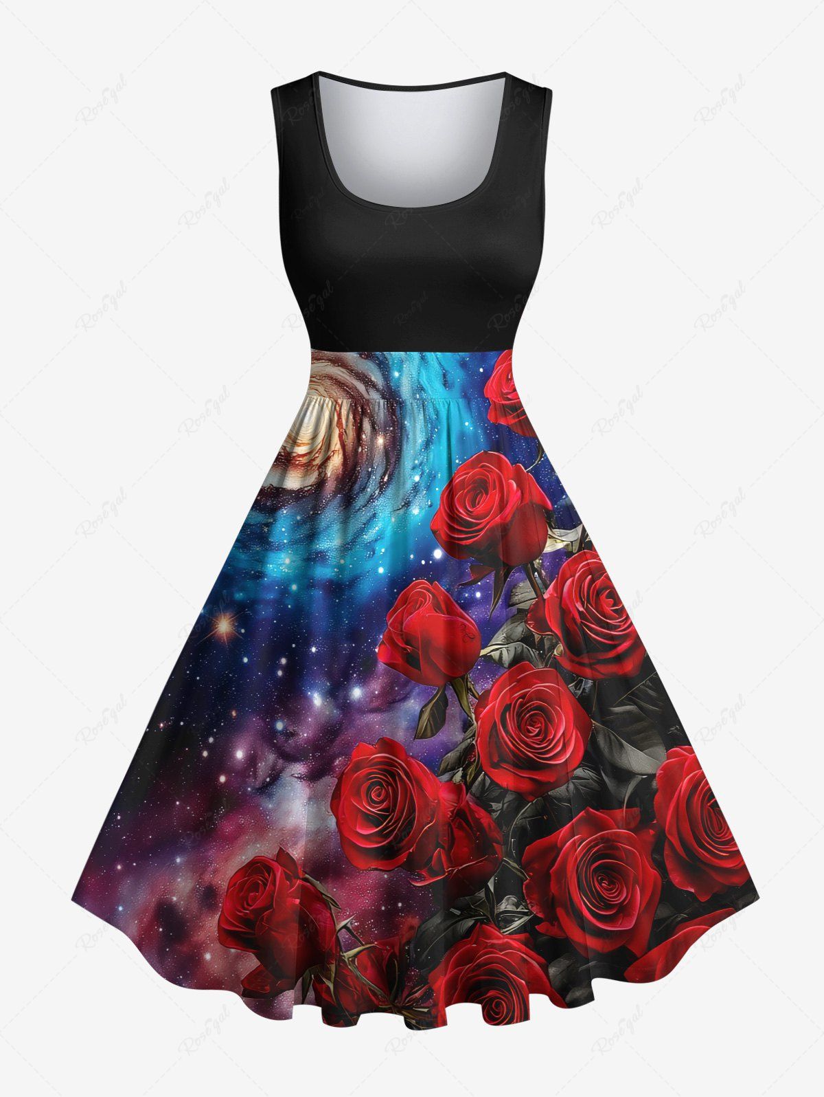 Fashion Plus Size Rose Flower Spiral Ombre Galaxy Print Hawaii Valentines Vintage Swing A Line Dress  