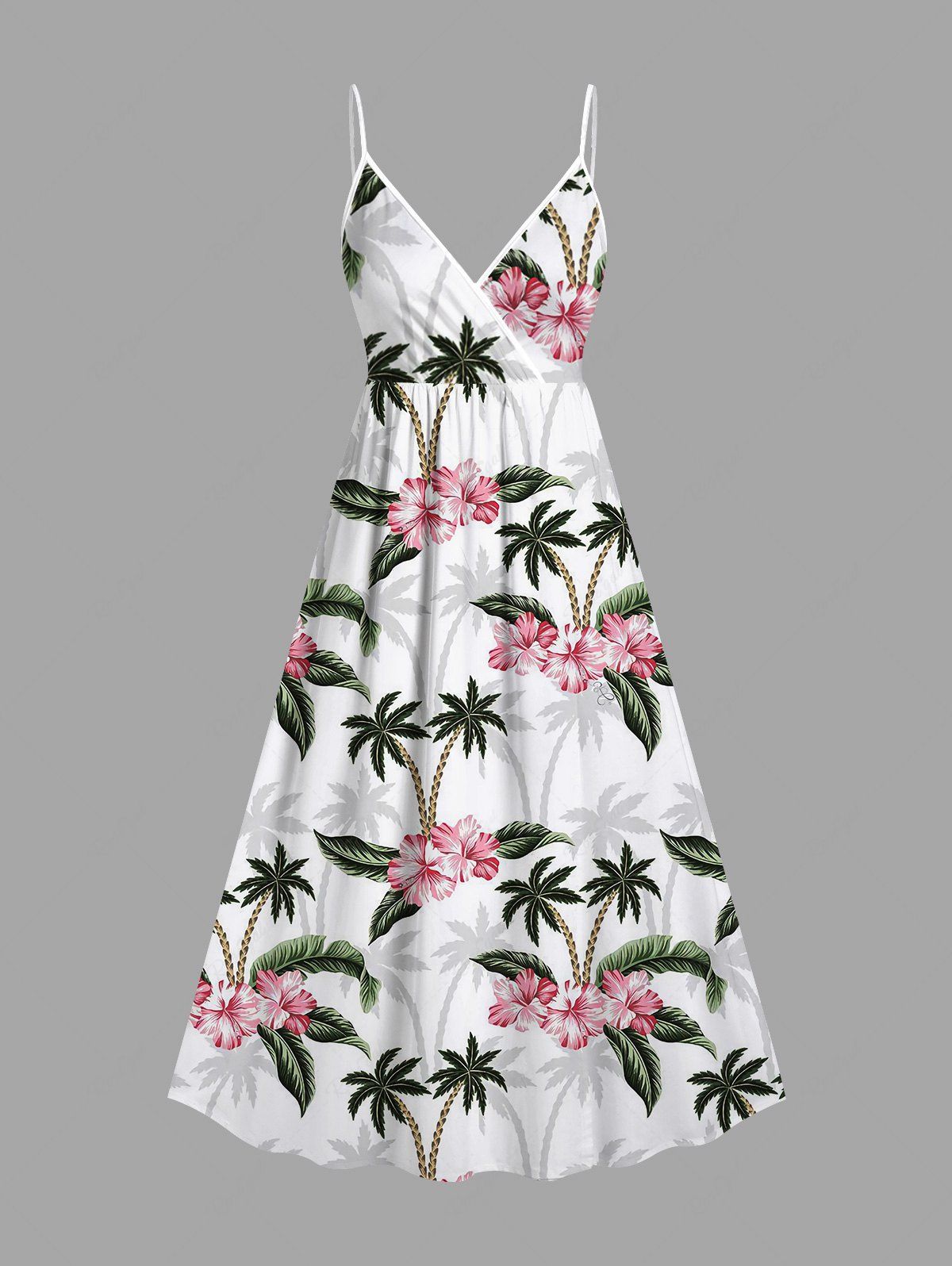 Shop Plus Size Coconut Tree Tropical Leaves Floral Print Hawaii Surplice A Line Cami Dress  