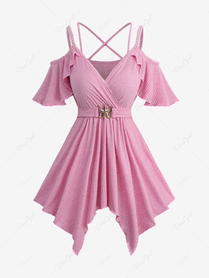 Discount Plus Size Cold Shoulder Ribbed Solid Crisscross Surplice Handkerchief Belted Top  