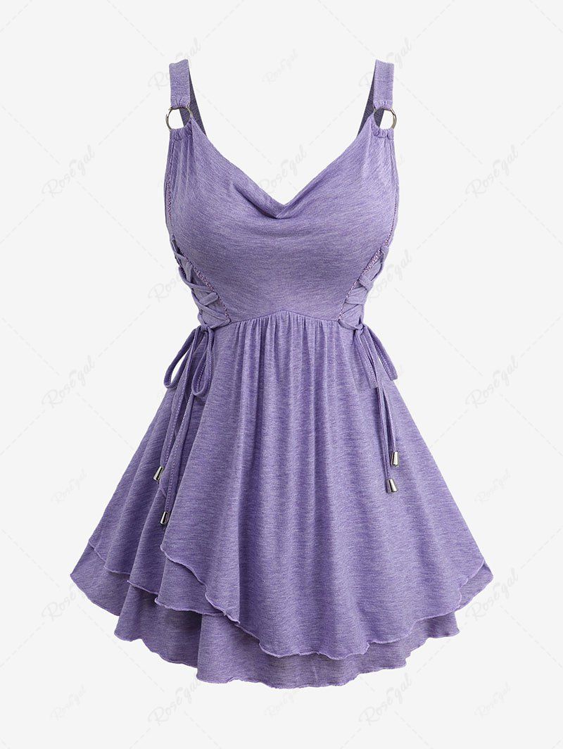 Online Plus Size Cowl Neck O-Ring Lace Up Ruffles Marled Heathered Tank Top  