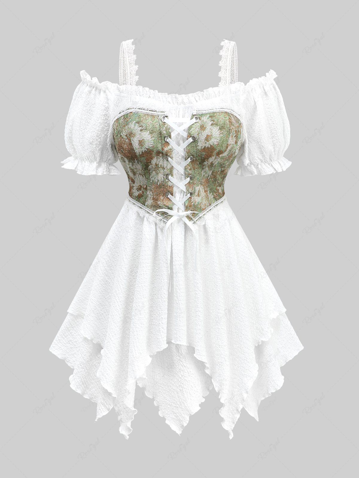 Trendy Plus Size Sunflower Oil Painting Print Grommets Lace Up Ruffles Asymmetrical Cold Shoulder Top  