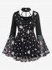 Snowflake Printed Mesh Hollow Out Panel Ruched Halter Flare Sleeves T-shirt and Pocket Leggings Plus Size Outfit -  