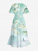 Plus Size Flower Sea Mountain Boat Print Chinese Style Split Hawaii Midi Dress -  