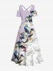 Plus Size Rose Flower Leaf Contrast Colorblock Print Hawaii Cold Shoulder Crisscross A Line Maxi Dress -  