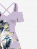Plus Size Rose Flower Leaf Contrast Colorblock Print Hawaii Cold Shoulder Crisscross A Line Maxi Dress -  