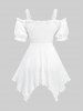 Plus Size Sunflower Oil Painting Print Grommets Lace Up Ruffles Asymmetrical Cold Shoulder Top -  