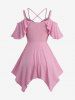 Plus Size Cold Shoulder Ribbed Solid Crisscross Surplice Handkerchief Belted Top -  