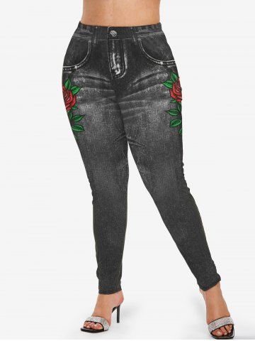 Floral Stamping Knitted Patchwork Cinched Top and Rose Denim 3D Print Leggings Plus Size Outfit