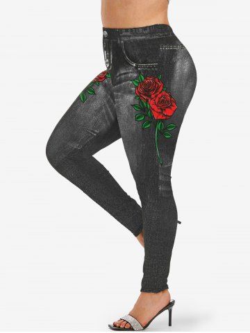 Floral Stamping Knitted Patchwork Cinched Top and Rose Denim 3D Print Leggings Plus Size Outfit