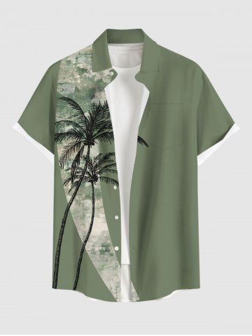 Plus Size Coconut Tree Camouflage Print Hawaii Button Pocket Shirt For Men - GREEN - S