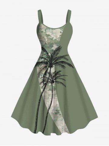 Plus Size Coconut Tree Camouflage Print Hawaii A Line Dress - GREEN - XS