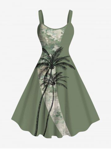 Plus Size Coconut Tree Camouflage Print Hawaii A Line Dress - GREEN - 1X