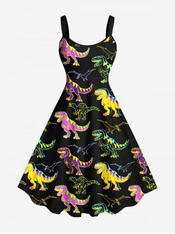 Plus Size Colorful Dinosaur Print Hawaii A Line Tank Dress - BLACK - L