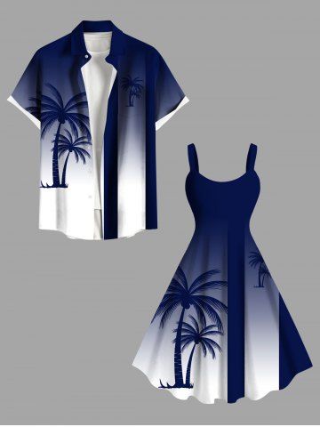 Coconut Tree Dip Dye Print Plus Size Matching Hawaii Beach Outfit For Couples - BLUE