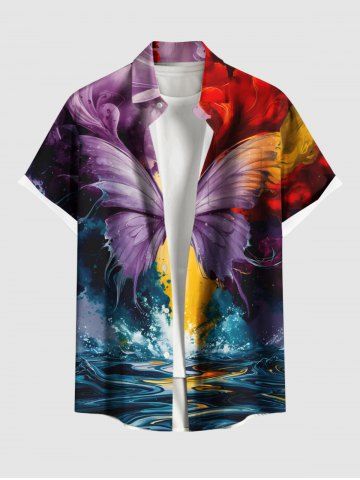 Plus Size Butterfly Sea Waves Painting Print Hawaii Button Pocket Shirt For Men - PURPLE - 3XL