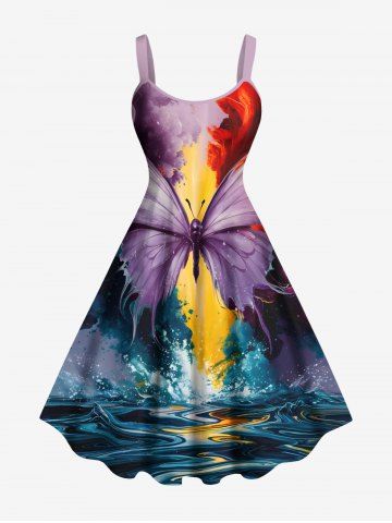 Plus Size Butterfly Sea Waves Painting Print Hawaii A Line Dress - PURPLE - XS