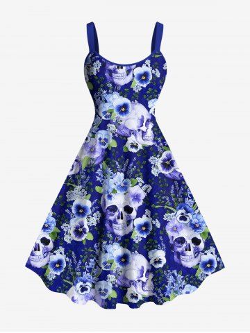 Plus Size Skulls Flower Leaf Print Hawaii Tank Dress - BLUE - 1X