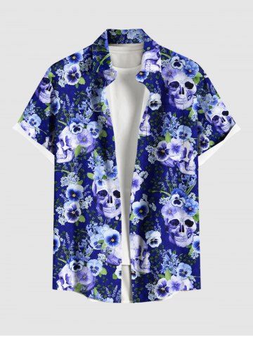 Plus Size Skulls Flowers Leaf Print Buttons Pocket Hawaii Shirt For Men - BLUE - S