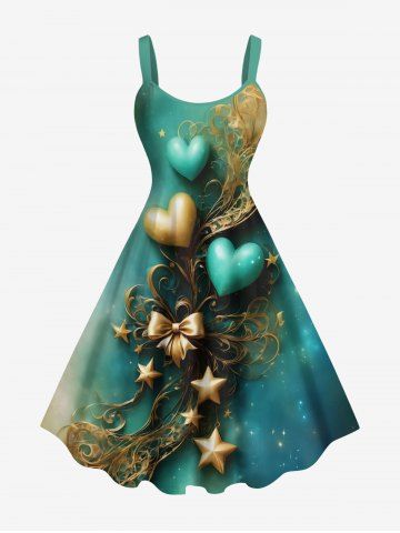 Plus Size Valentine's Day Bowknot Heart Star Ombre Print Tank Dress - GREEN - S