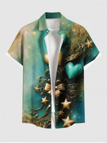 Plus Size Valentine's Day Bowknot Heart Star Ombre Print Buttons Pocket Shirt For Men - GREEN - S