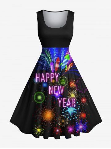 Plus Size New Years Party Colorful Fireworks Letters Print 1950s Vintage Dress - BLACK - XS