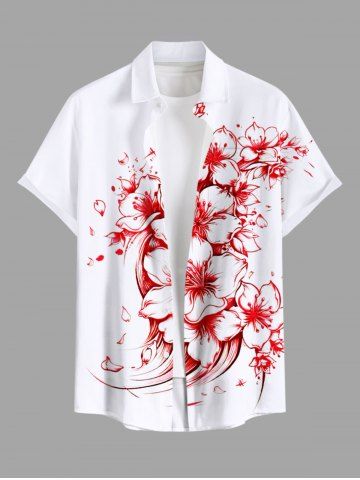 Plus Size Floral Two Tone Print Hawaii Button Pocket Shirt For Men - WHITE - S