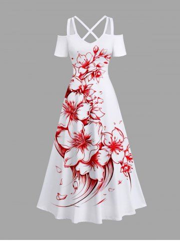 Plus Size Floral Two Tone Print Hawaii Crisscross A Line Maxi Dress - WHITE - 4X