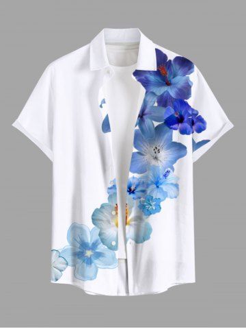 Plus Size Tropical Hibiscus Flower Print Buttons Pocket Hawaii Shirt For Men - WHITE - L