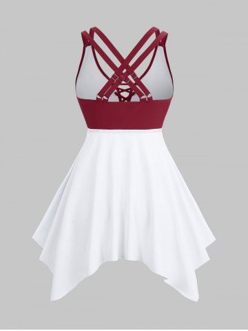 Plus Size Floral Skull Print Grommets Lace Up Lattice Crisscross Asymmetrical Boylegs Tankini Swimsuit