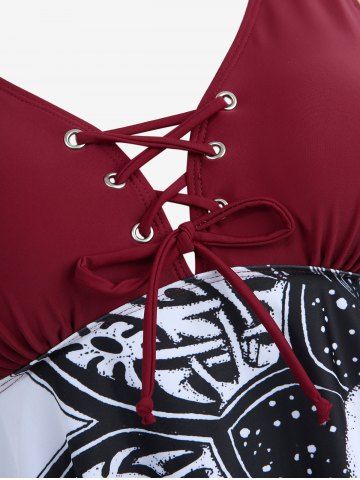 Plus Size Floral Skull Print Grommets Lace Up Lattice Crisscross Asymmetrical Boylegs Tankini Swimsuit