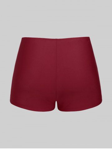 Plus Size Floral Skull Print Grommets Lace Up Lattice Crisscross Asymmetrical Boylegs Tankini Swimsuit