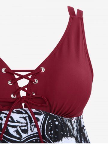 Plus Size Floral Skull Print Grommets Lace Up Lattice Crisscross Asymmetrical Boylegs Tankini Swimsuit