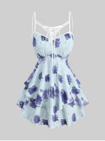 Plus Size Rose Flower Tie Dye Print Lace Up Cut Out Ruffles Ribbed Textured Cami Top