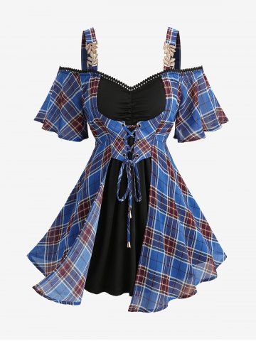 Plus Size Plaid Print Grommets Lace-up Ruched Lace Trim Cold Shoulder 2 In 1 Top - BLUE - L | US 12