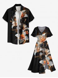 Costume de Plage Grande Taille Imprimé à Fleurs et Feuilles Brillantes 3D pour Couples - Noir 