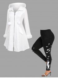 Full Zipper Fur Trim Heart Embossed Textured Hooded Solid Coat and Feather Cat Side Print Leggings Plus Size Outfit -  