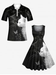 Two Tone Cat Butterfly Floral Print Plus Size Matching Outfit For Couples -  