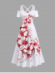 Plus Size Floral Two Tone Print Hawaii Crisscross A Line Maxi Dress -  