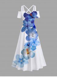 Plus Size Tropical Flower Print Cold Shoulder Crisscross Hawaii Maxi Dress -  
