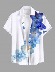 Plus Size Tropical Hibiscus Flower Print Buttons Pocket Hawaii Shirt For Men -  
