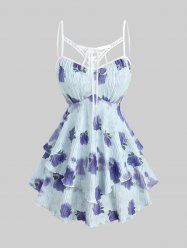Plus Size Rose Flower Tie Dye Print Lace Up Cut Out Ruffles Ribbed Textured Cami Top -  