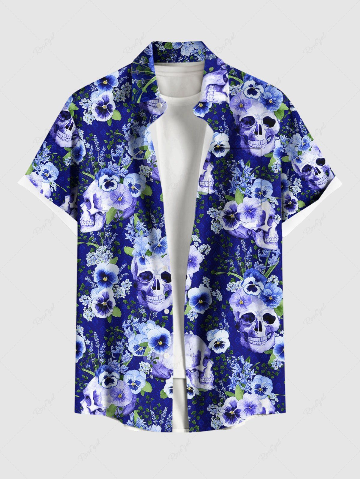 Hot Plus Size Skulls Flowers Leaf Print Buttons Pocket Hawaii Shirt For Men  
