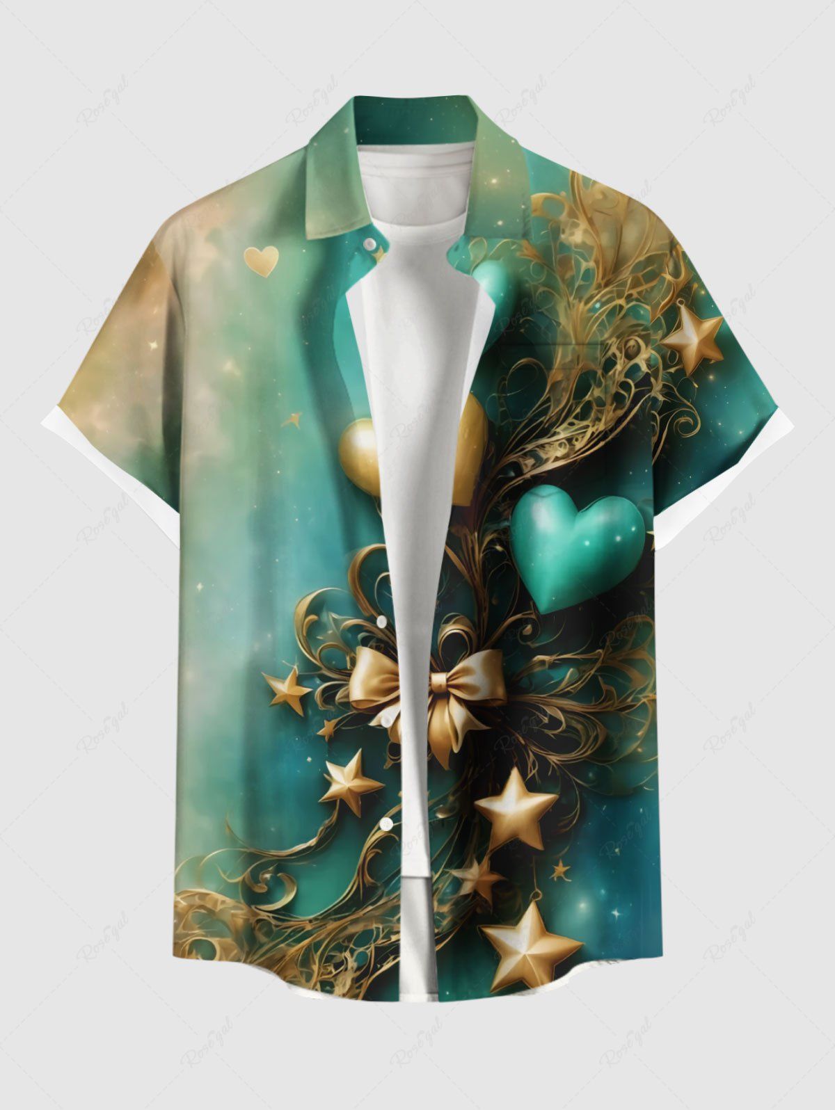 Affordable Plus Size Valentine's Day Bowknot Heart Star Ombre Print Buttons Pocket Shirt For Men  