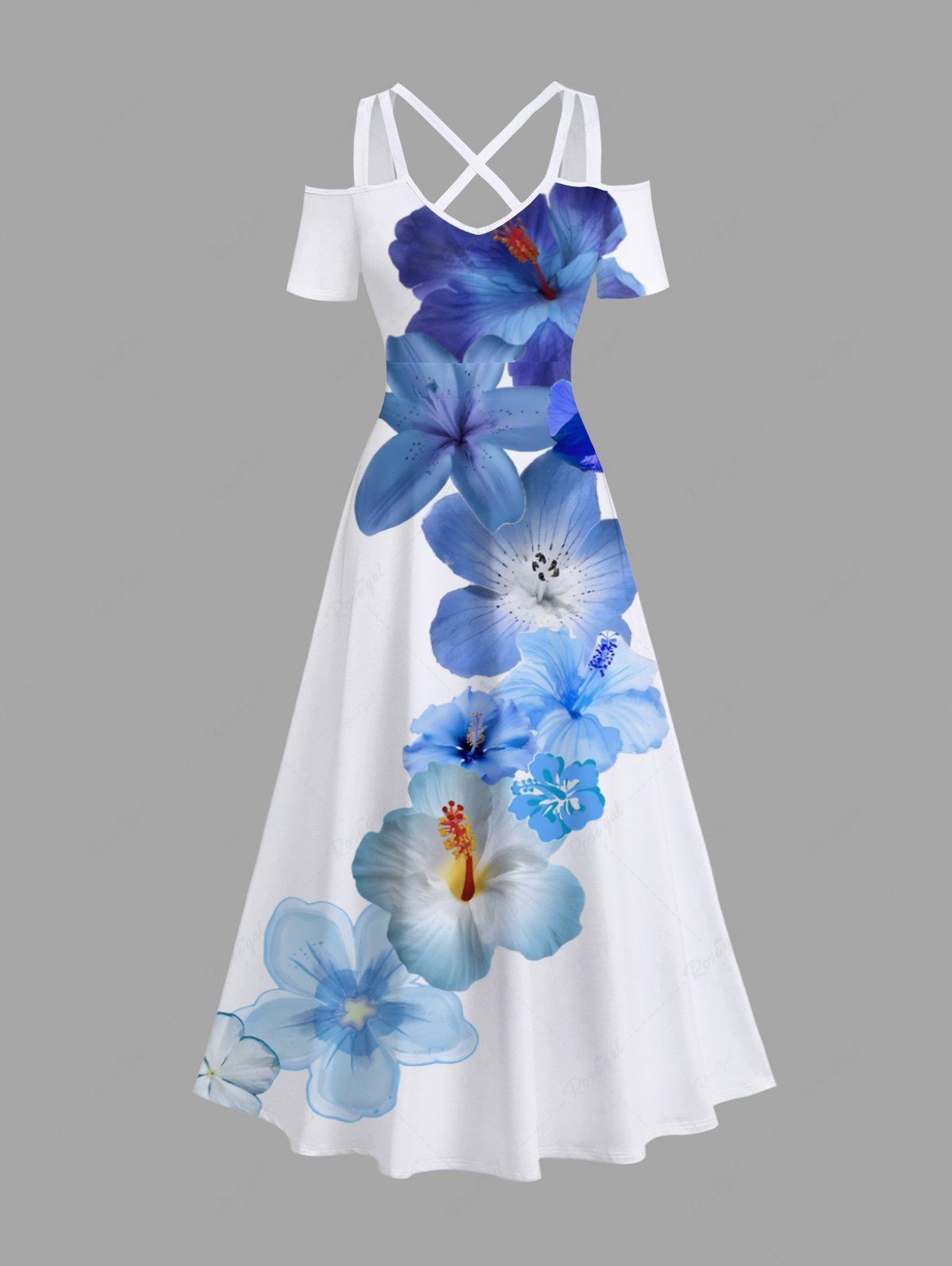 Store Plus Size Tropical Flower Print Cold Shoulder Crisscross Hawaii Maxi Dress  