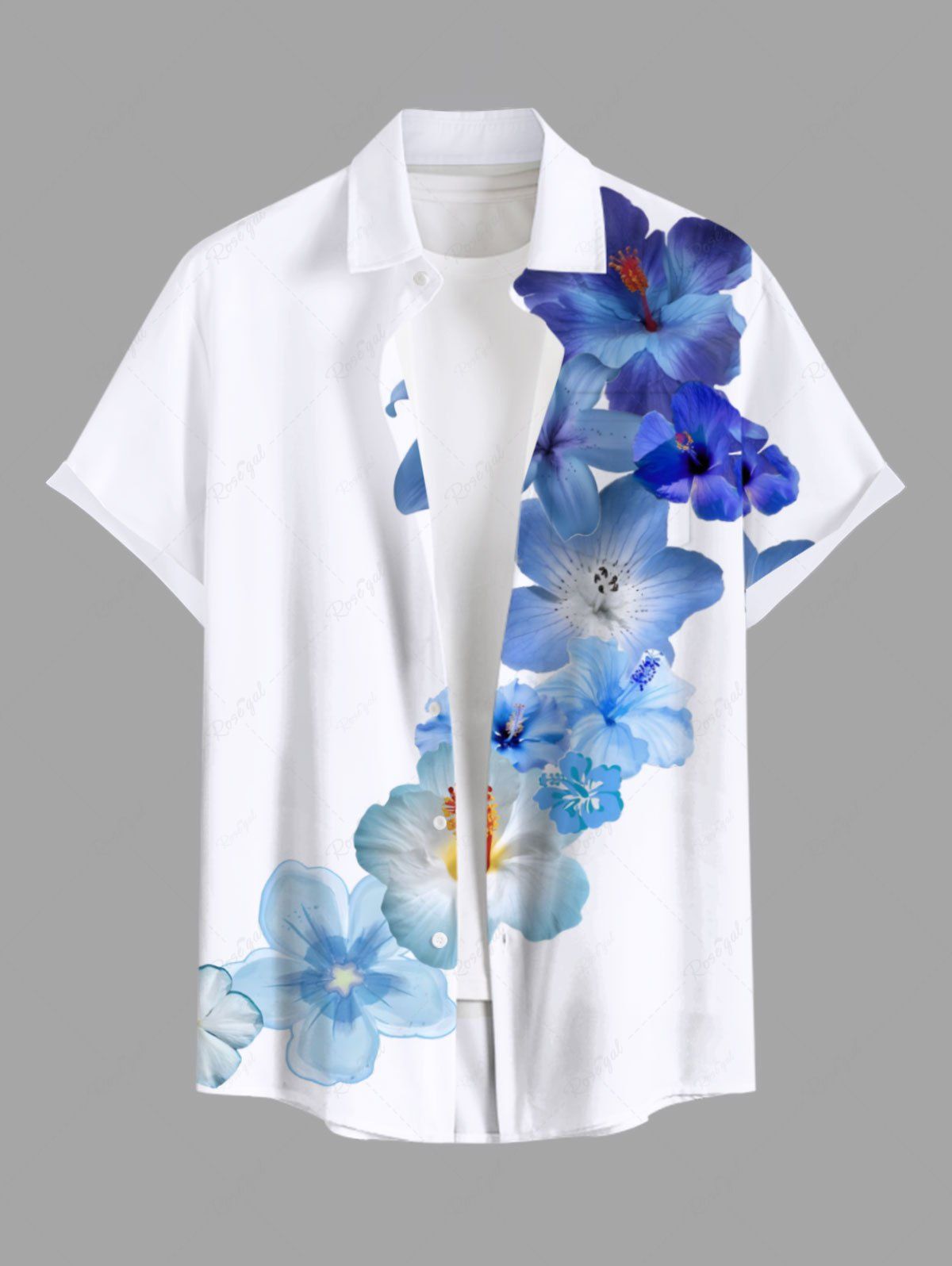 Fashion Plus Size Tropical Hibiscus Flower Print Buttons Pocket Hawaii Shirt For Men  
